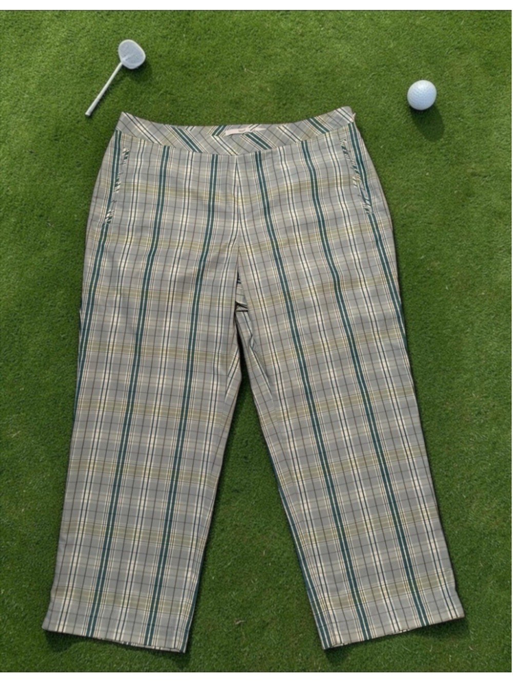 Liz Golf Plaid Cropped Pants Side Zipper Womens 16 Audra Green Golf Pockets